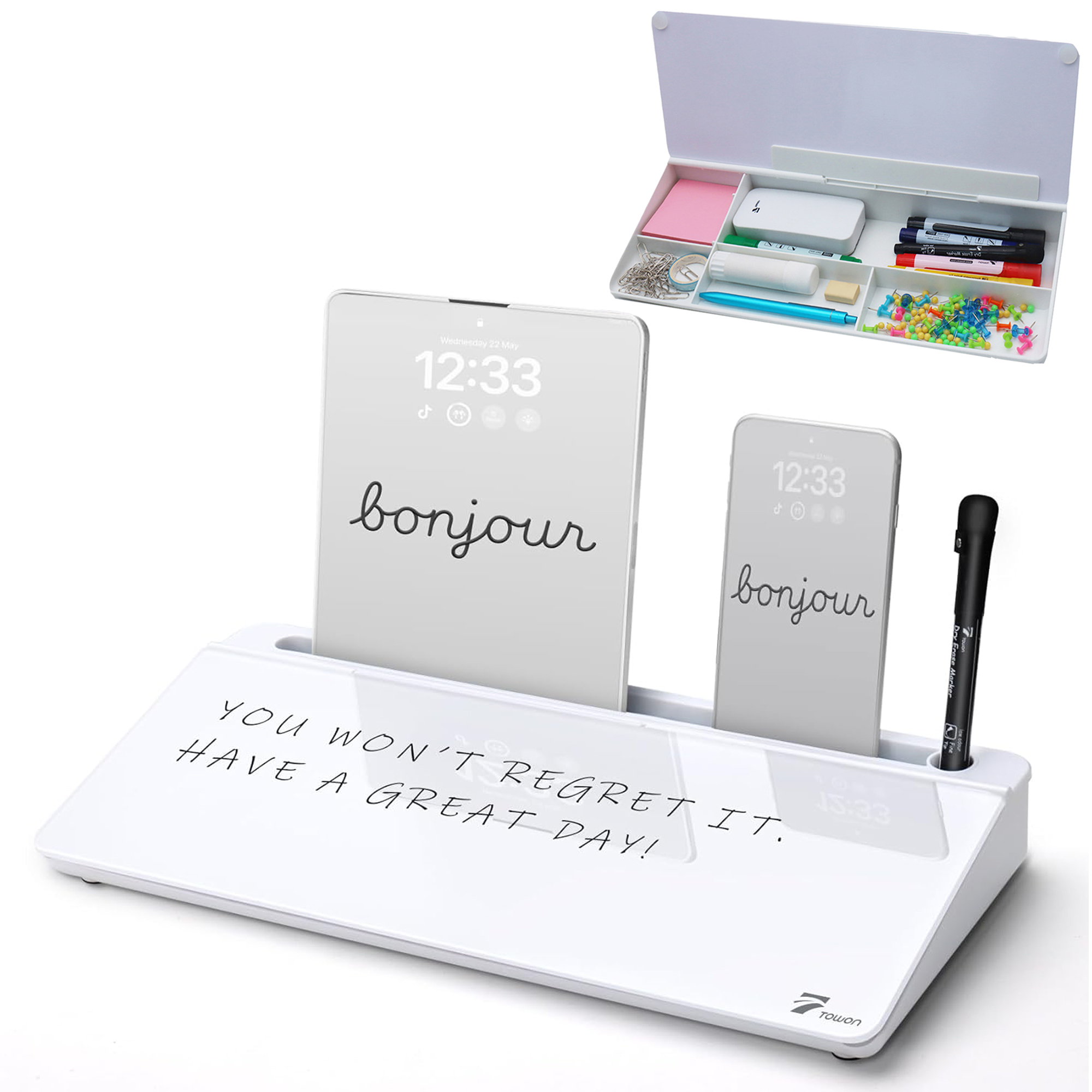 Desktop Glass Whiteboard With Calculator - Multi-Functional Dry Erase Board Pad With Marker Tray & Storage