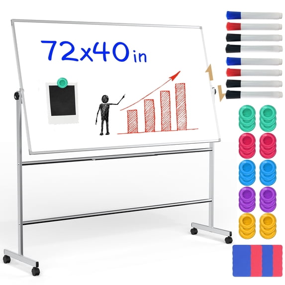 Magnetic Mobile Whiteboard - 72"x40" Extra Large Height Adjustable Double-Sided Dry Erase Board on Wheels, 360° Rolling Office White Board Pizarra - Sliver