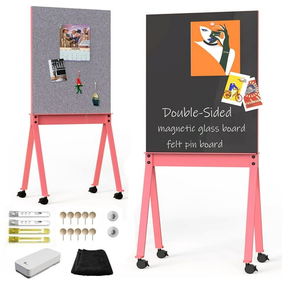 TOWON Double-sided Mobile Stand Whiteboard, 30"x38" Large Black Magnetic Glass Dry Erase Board + Grey Felt Pin Bulletin Board with Wheels
