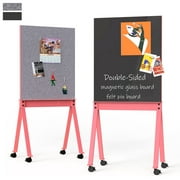 TOWON Double-sided Mobile Stand Whiteboard - 30"x38" Black Magnetic Glass Dry Erase Board + Grey Felt Pin Bulletin Board with Wheels, 1 Eraser, 4 Markers, 2 Magnets, 10 Pushpins, 1 Cloth