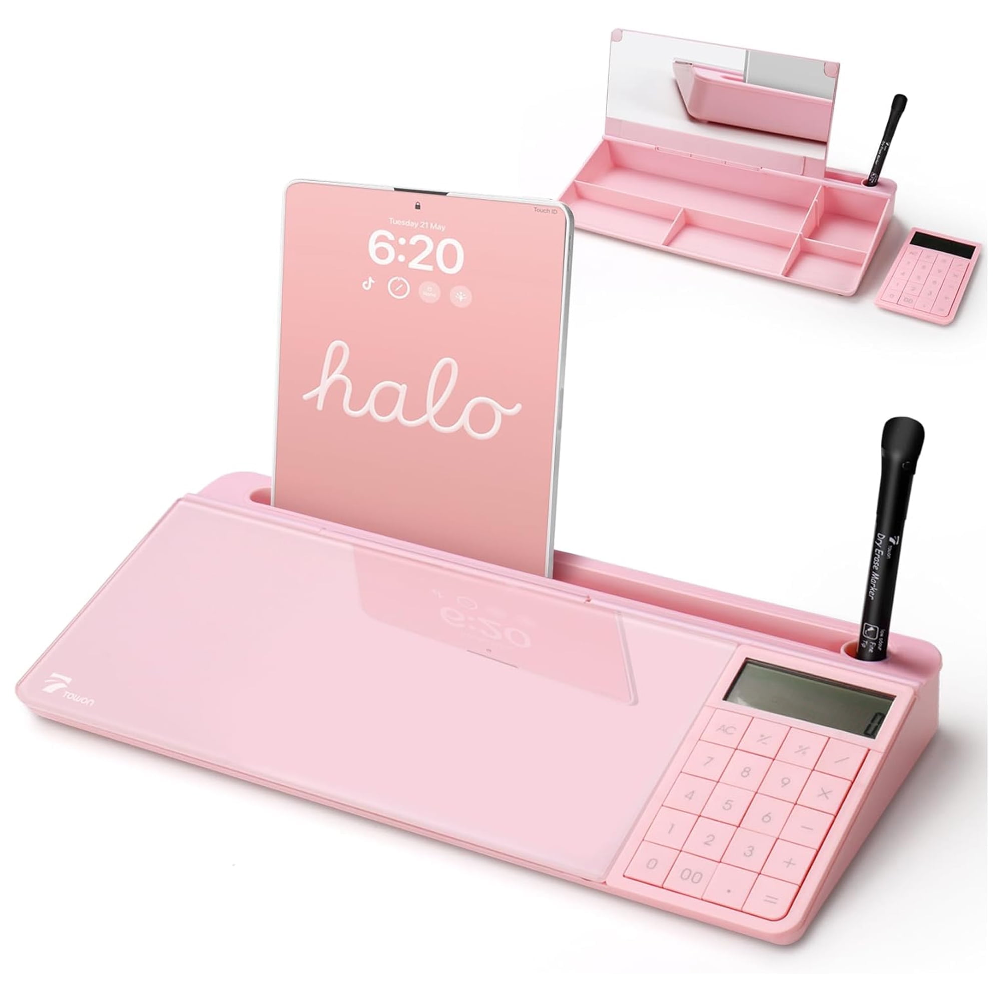Towon Pink Desktop Glass Whiteboard with Calculator, Mirror