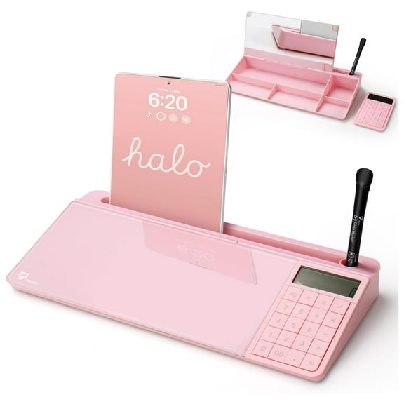 TOWON Pink Desktop Glass Whiteboard with Calculator, Mirror, Organizer, Marker, Holder - Women Small Desk Dry Erase White Board for Memo, Notes, TODO List, Home Office Pizarra