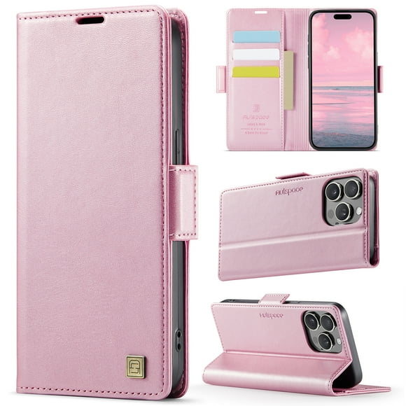 TOWOND Phone Case for iPhone 15 Pro Magnetic Wallet Phone Case Protective Leather Case with Card Holder Function Shockproof Flip Case Pink