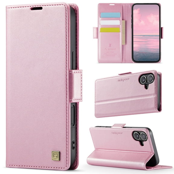TOWOND iPhone 16 Case Magnetic Wallet Phone Case Protective Leather Case with Card Holder Function Shockproof Flip Case Pink