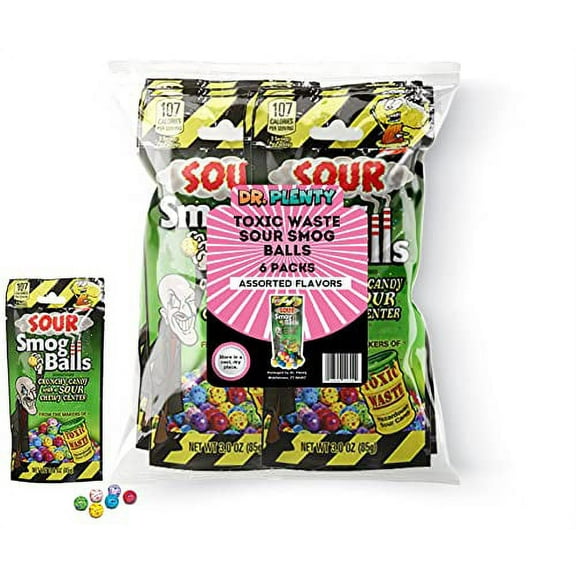 TOXIC WASTE Sour Smog Balls (6 Pack) - Crunchy Candy with a Chewy Sour Center - Assortment of 6 Extreme Flavors: Grape, Cherry, Strawberry, Lemon, Blue Raspberry, and Lime! - By Dr. Plenty