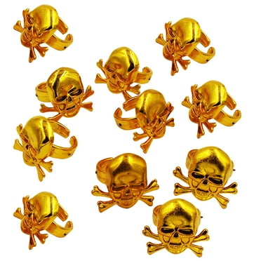 TOXMENT 12 Pcs Pirate Rings Kids Pirate Decorative Rings Skull Golden Rings Halloween Party Kids Performance Props (Golden)