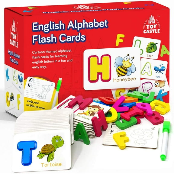 TOY CASTLE English Alphabet Flash Cards, Toddler Toys Toddler Learning and Preschool Activities Montessori Toys for Toddlers, ABC Wooden Letters, Sight Words Flash Cards Kindergarten