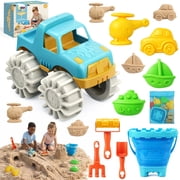 TOY Life Kids Beach Sand Toys Set with Collapsible Bucket, Transportation Molds, Car, Road Roller, 2 Shovels, Mesh Bag