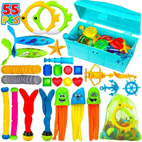 TOY Life 55 PCS Pool Dive Toys for Kids Pool Diving Toys Pool Games for Kids Swim Toys with Pool Rings, Pool Dive Sticks, Pool Dive Gems Pool Treasure Toys - Swimming Pool Toys for Kids Ages 4-8 12