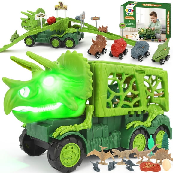 Toy Life Jurassic Dinosaur Truck Toy Set for Kids – 57 PCS Dinosaur Car Transport Playset with Track, Lights & Sounds – Dino Cars, Eggs, Fossil & Scene Assembly Toys for Boys & Girls Ages 3+