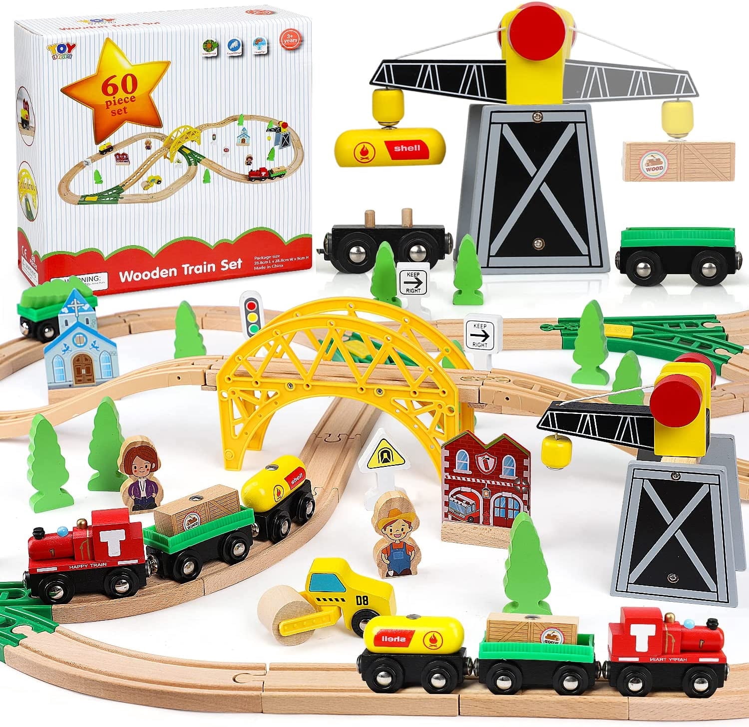 TOY Life Wooden Train Set 60pcs Toddler Boy Toys for 3 Year Old Boys - Wood Train Set with Crane Wood Train Tracks Toys Fits Thomas Brio Melisa Chugginton Gifts for Boys