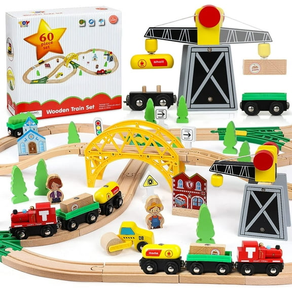 TOY Life Wooden Train Set 60pcs Toddler Boy Toys for 3 Year Old Boys - Wood Train Set with Crane Wood Train Tracks Toys Fits Thomas Brio Melisa Chugginton Gifts for Boys