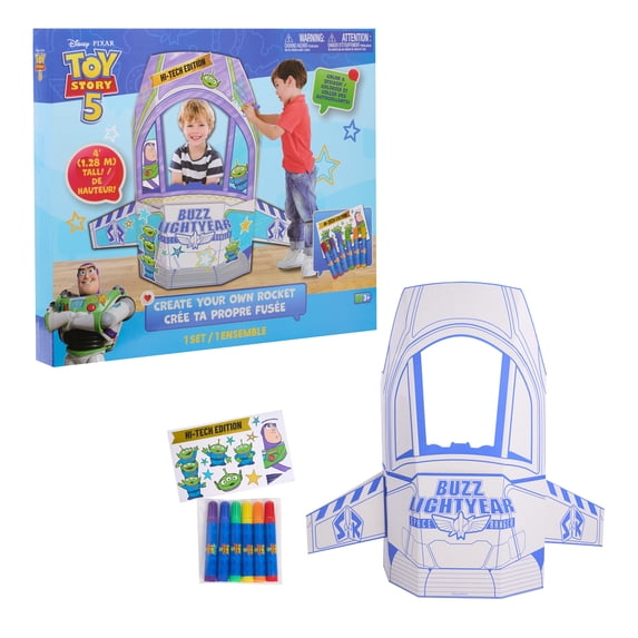Disney and Pixar Toy Story 5 Rocket Ship Playset Cardboard Spaceship Craft Kit, Color Your Own Activity, Buzz Lightyear Alien Stickers, Kids Toy Ages 3+