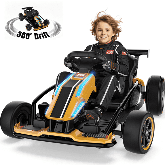 TOYBSNR 24V Electric Drift Go Kart for Kids 6-14, 24V Drift Car Ride On Racing Kart for Big Kids, Adjustable Seat, 9.3 MPH,Yellow
