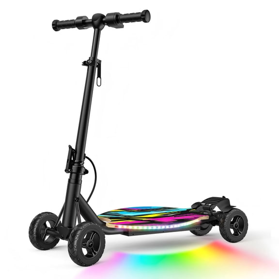 TOYBSNR 4 Wheel 24V Electric Scooter for Kids, Foldable E-Scooter with Rainbow Lights, Rear Brake, 250W Motor, Max 10 MPH & 8.5 Miles, 5 Speeds & Adjustable Balance, Gift for Boys Girls, Black
