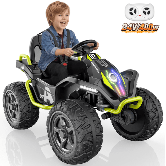 TOYBSNR 24V Ride on Toy for Kid, Electric ATV with Remote Control, 4 Wheeler with Music & Colored Light, 2WD/4WD Switchable Power Quad for 3-8 Years Old, Green