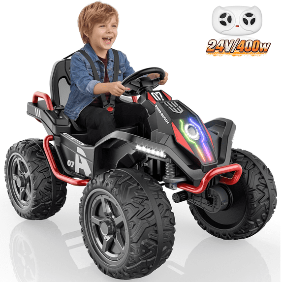 TOYBSNR 24V Ride on Toy for Kid, Electric ATV with Remote Control, 4 Wheeler with Music & Colored Light, 2WD/4WD Switchable Power Quad for 3-8 Years Old, Red
