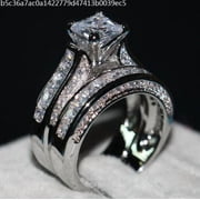 TOYFUNNY 2-in-1 Vintage White Diamond Engagement Wedding Ring Set, Silver