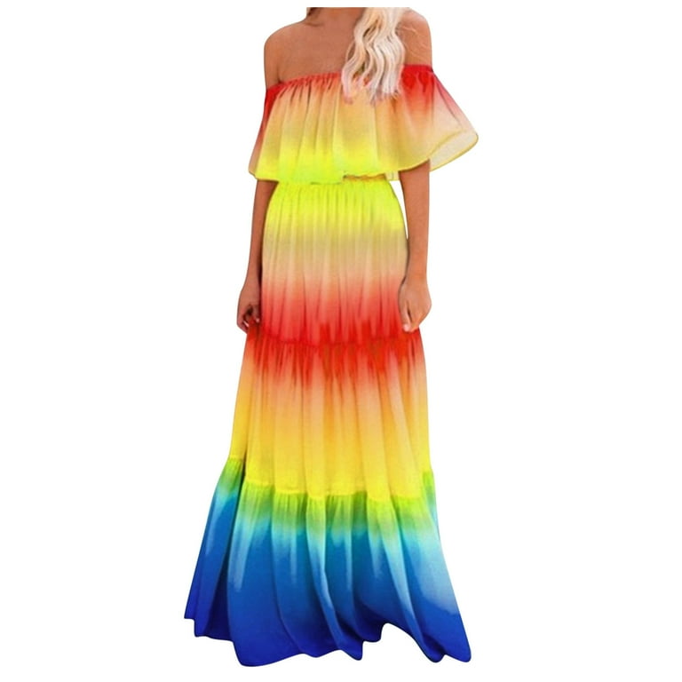 TOYFUNNY Women Fashion Rainbow Off Shoulder Tiered Maxi Dress