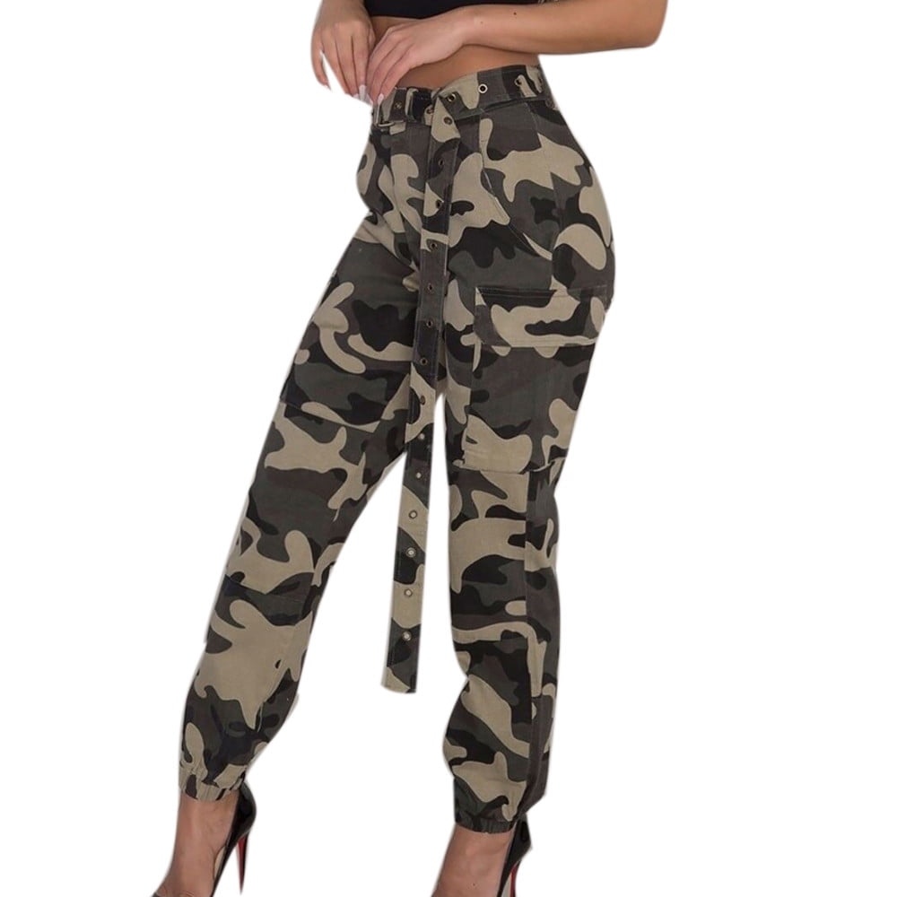 new high waist cargo pants women camouflage sweatpants joggers chain camo  pants girls cargo trousers with chain streetwear - AliExpress