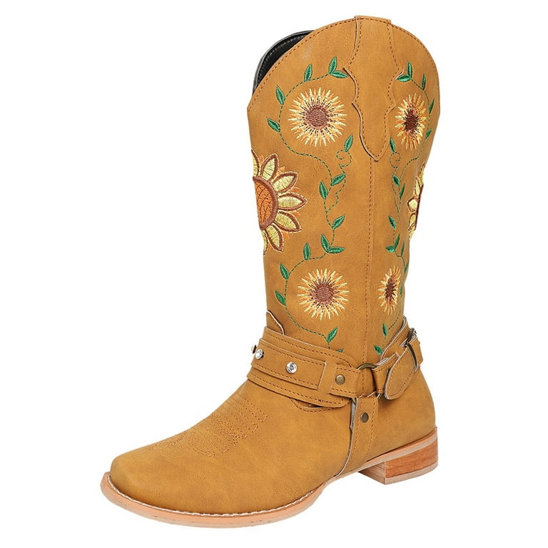 TOYFUNNY Womens Round Toe Leather Square Heel Vintage Embroidered Sunflower Print Buckle Boots