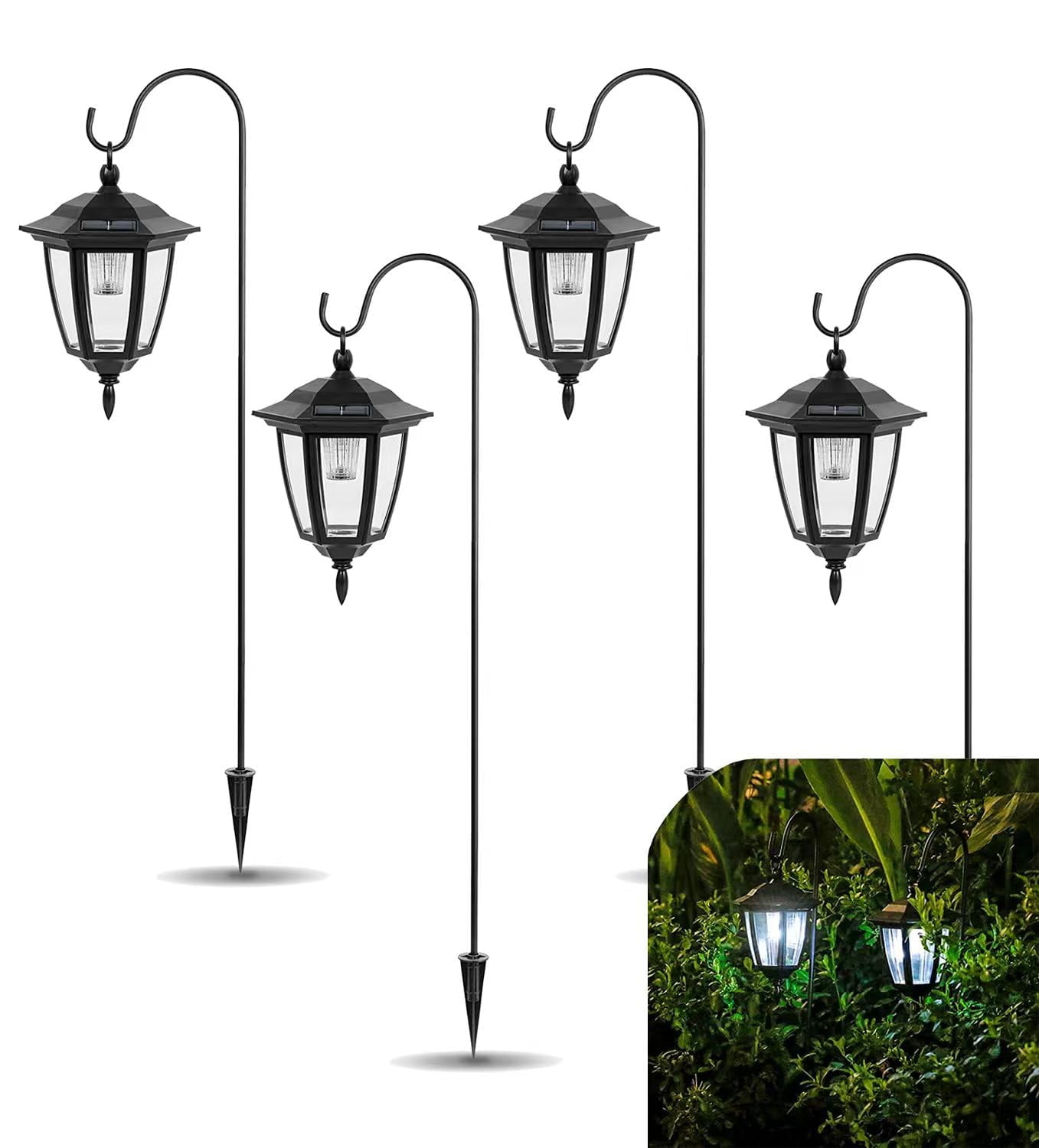 TOYIEW Hanging Solar Lights Outdoor Waterproof, 35 Inch Shepherd Hook Lights with 4 Shepherd Hooks, Solar Lantern Lights for Garden Decor, Pathway, Porch Decor, Patio, Backyard and Yard, 4 Pack
