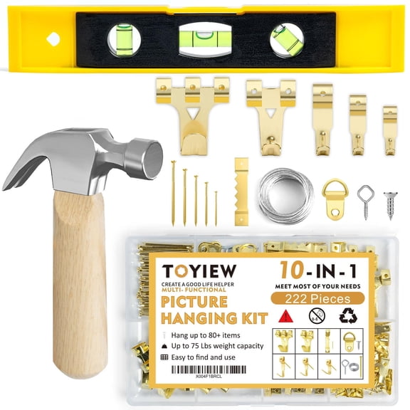 TOYIEW Picture Hanging Kit, 224pcs Hanging Hardware with Hooks, Wire, Nails, D Rings, Photo Sawtooth Hangers, Ring Hooks, Wall Art Frame Hanging Kit with Yellow Magnetic Level and Small Claw Hammer