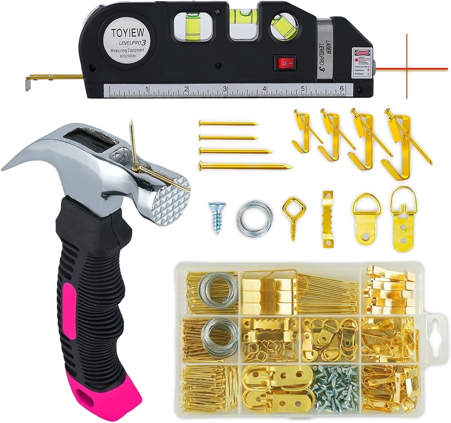 TOYIEW Picture Hanging Kit Tool, 352pcs Hanging Hardware with Heavy Duty Frame Hooks, Wire, Nails, D Rings, Photo Sawtooth Hangers, Wall Art Hanging Kit with Laser Level, Pink Claw Hammer