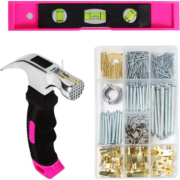 TOYIEW Picture Hanging Kit for Woman, 315pcs Hanging Hardware with Hooks, Wire, Nails, D-Ring, Wall Hanging Kit with Hangers, Magnetic Level and Small Pink Claw Hammer, DIY Tool Set for Home Decor