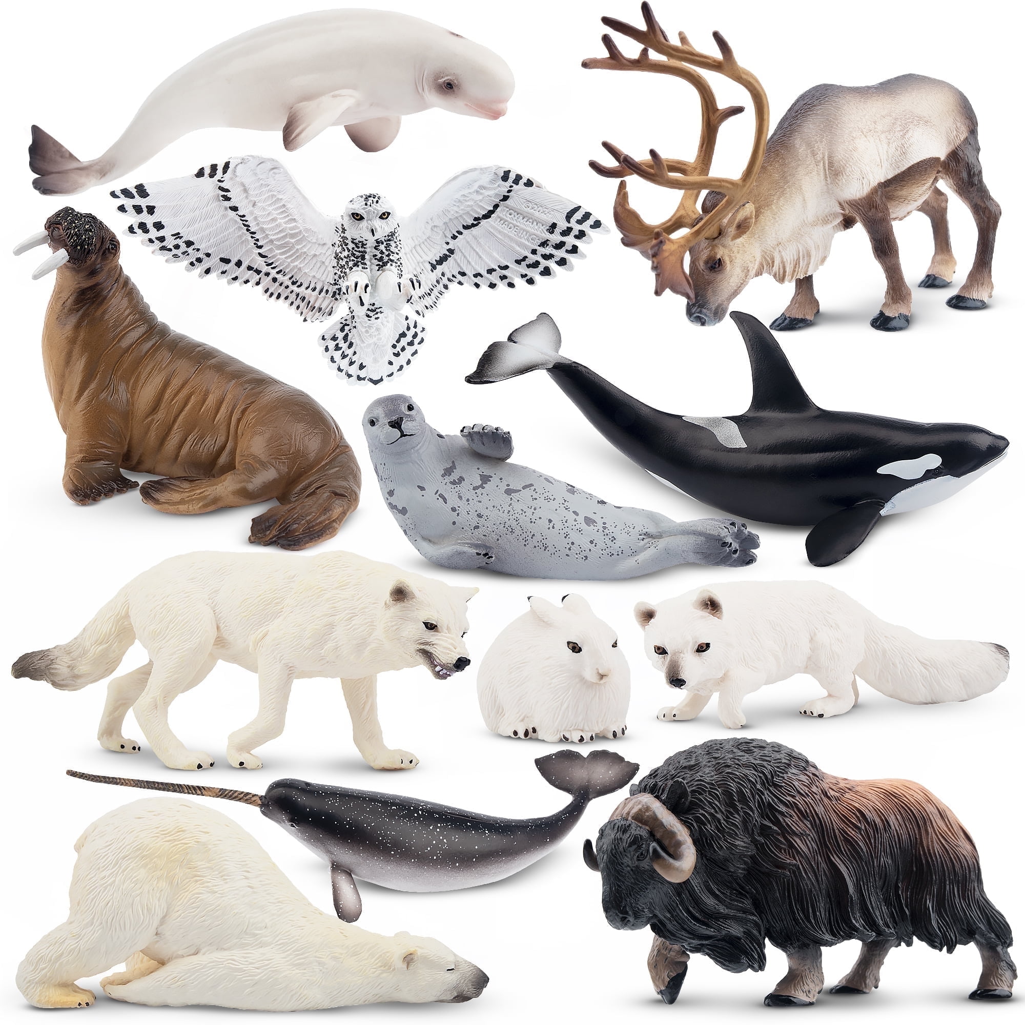 TOYMANY 10PCS 2-7" Realistic Polar Animal Figurines, Plastic Arctic Animal Figure Set Includes Polar Bear,Caribou,Whales,Walrus, Cake Toppers Christmas Birthday Toy Gift for Kids Toddlers