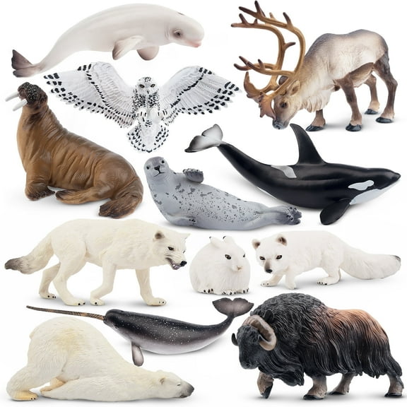 TOYMANY 10PCS 2-7" Realistic Polar Animal Figurines, Plastic Arctic Animal Figure Set Includes Polar Bear,Caribou,Whales,Walrus, Cake Toppers Christmas Birthday Toy Gift for Kids Toddlers