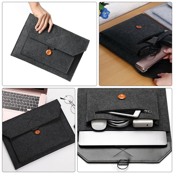 TOYMYTOY Black Felt Laptop Pouch with Extra Pockets and Secure Button Closure for Home Use
