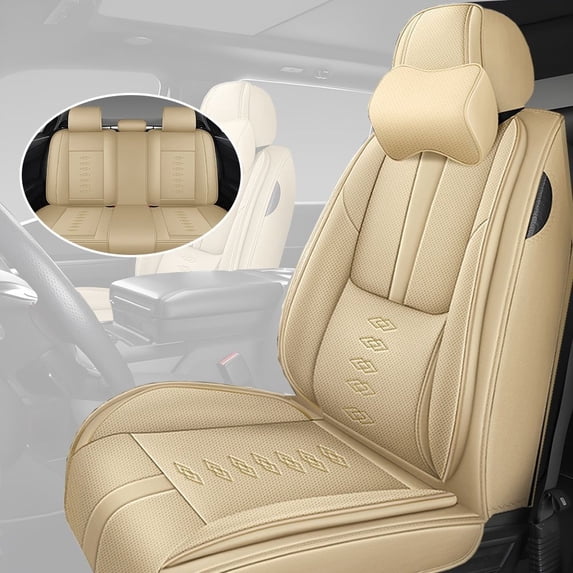 for TOYOTA COROLLA 2004 Car Seat Cover, Faux Leather 5 Seats Full Set With a Headrest and Lumbar Support Beautify Interior, Beige Car Seat Covers, Upgrade the Car's Interior