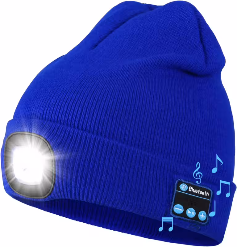 LED Headlamp Cap with Headphones and Built-in Speaker Mic, Unisex USB Rechargeable Bluetooth Beanie Hat with Light, Winter Knitted Music Hat