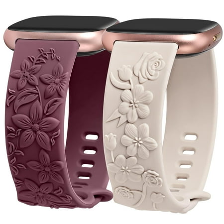 TOYOUTHS 2 Pack Floral Engraved Band Compatible with Fitbit Versa 4/Versa 3/Sense 2/Fitbit Sense Band Women, Cute Embossed Silicone Wildflower Rose Design Soft Sport Fancy Summer Replacement Strap