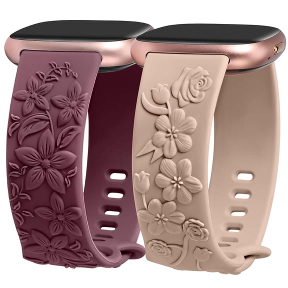 TOYOUTHS 2 Pack Floral Engraved Band Compatible with Fitbit Versa 4/Versa 3/Sense 2/Fitbit Sense Band Women, Cute Embossed Silicone Wildflower Rose Design Soft Sport Fancy Summer Replacement Strap