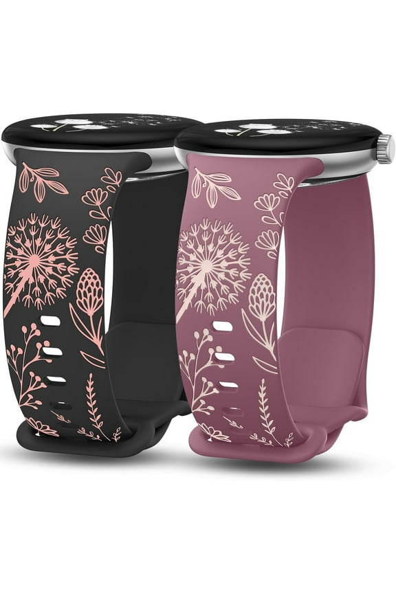 2 Pack Floral Engraved Bands Compatible with Google Pixel Watch 2/Google Pixel Watch Band Women, Two-Tone Cute Silicone Sport Summer Strap for Pixel Watch 2/Pixel Watch