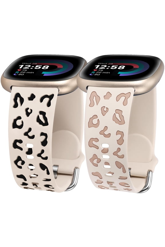 2 Pack Leopard Engraved Band Compatible with Fitbit Versa 4/Versa 3/Sense 2/Sense Band Women, Two-Tone Cheetah Soft Silicone Sport Designer Summer Replacement Wristband Strap for Versa 4