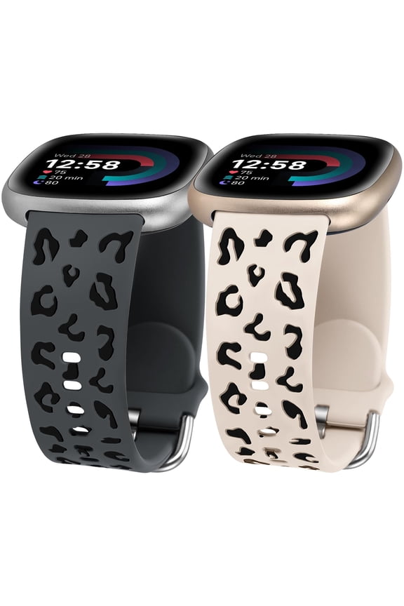 2 Pack Leopard Engraved Band Compatible with Fitbit Versa 4/Versa 3/Sense 2/Sense Band Women, Two-Tone Cheetah Soft Silicone Sport Designer Summer Replacement Wristband Strap for Versa 4