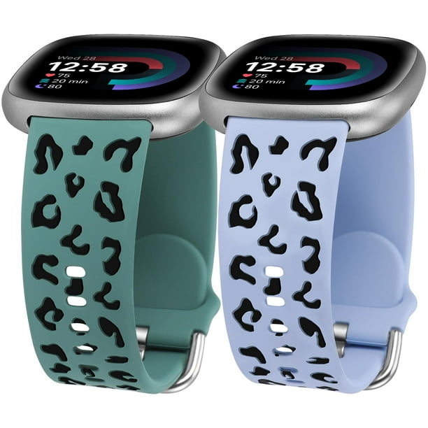 TOYOUTHS 2 Pack Leopard Engraved Band Compatible with Fitbit Versa 4 Versa 3 Sense 2 Sense Band Women Two Tone Cheetah Soft Silicone Sport Designer