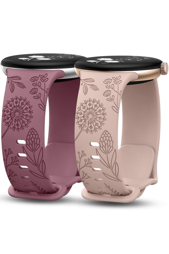 2 Packs Floral Engraved Bands Compatible with Google Pixel Watch 3 41mm/ Pixel Watch 2/Google Pixel Watch Band Women, Cute Soft Silicone Flower Sport Fancy Summer Straps