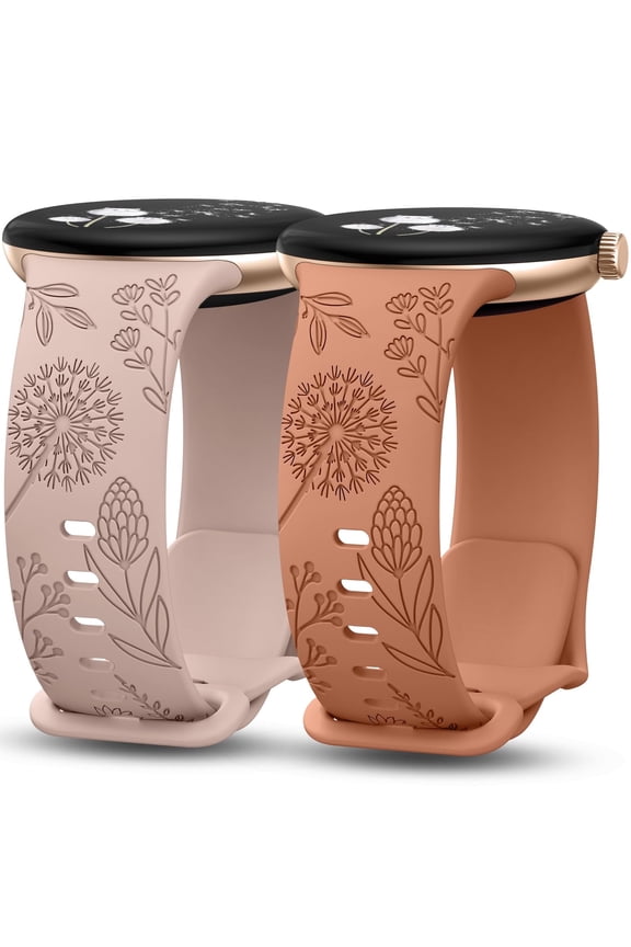 2 Packs Floral Engraved Bands Compatible with Google Pixel Watch 3 41mm/ Pixel Watch 2/Google Pixel Watch Band Women, Cute Soft Silicone Flower Sport Fancy Summer Straps