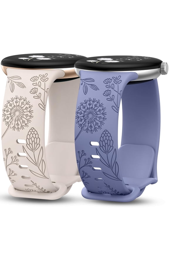 2 Packs Floral Engraved Bands Compatible with Google Pixel Watch 3 41mm/ Pixel Watch 2/Google Pixel Watch Band Women, Cute Soft Silicone Flower Sport Fancy Summer Straps