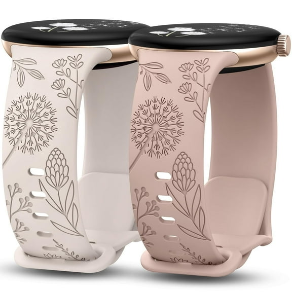 TOYOUTHS 2 Packs Floral Engraved Bands Compatible with Google Pixel Watch 3 41mm/ Pixel Watch 2/Google Pixel Watch Band Women, Cute Soft Silicone Flower Sport Fancy Summer Straps