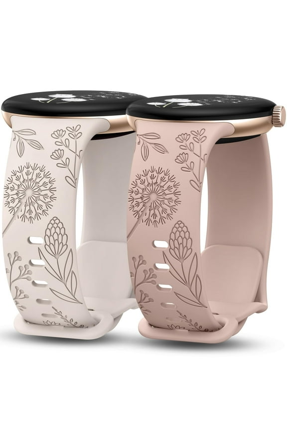 2 Packs Floral Engraved Bands Compatible with Google Pixel Watch 3 41mm/ Pixel Watch 2/Google Pixel Watch Band Women, Cute Soft Silicone Flower Sport Fancy Summer Straps