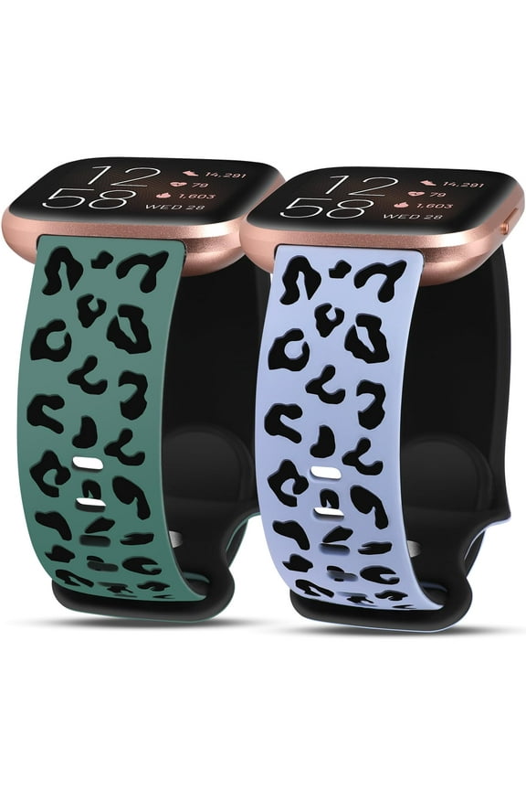 2 Packs Leopard Engraved Band Compatible with Fitbit Versa 2/Fitbit Versa/Versa Lite Bands Women, Two-Tone Cheetah Soft Silicone Sport Designer Cute Fancy Summer Strap for Versa 2 Smart Watch