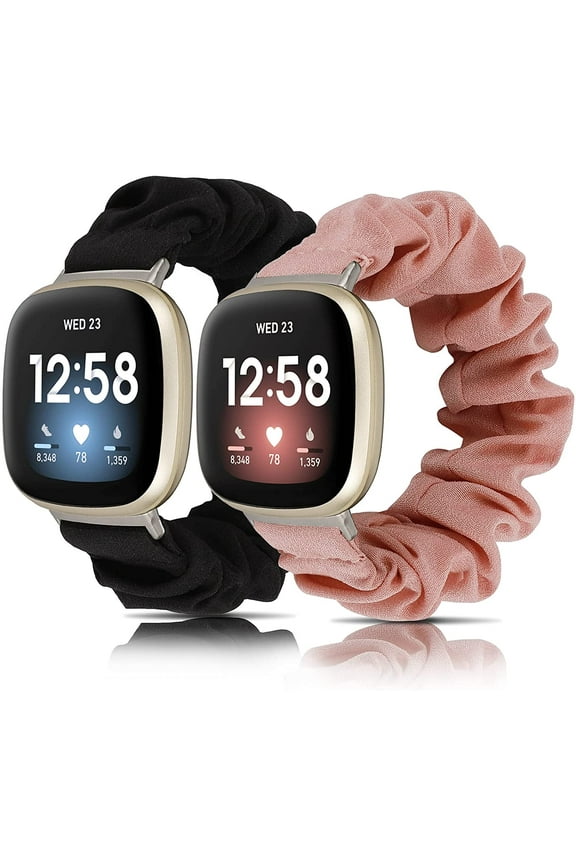 2 Packs Scrunchie Bands Compatible with Fitbit Versa 4/Versa 3/Fitbit Sense/Sense 2 Stretchy Women Cute Bracelets Elastic Breathable Wristbands
