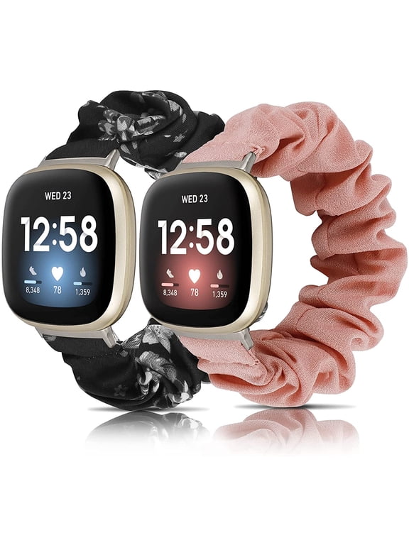 2 Packs Scrunchie Bands Compatible with Fitbit Versa 3/Sense Stretchy Women Cute Bracelets Elastic Breathable Wristbands,Pink+Black Grey -S