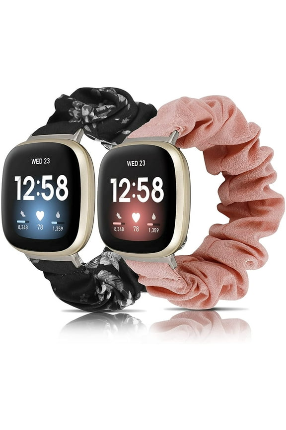 2 Packs Scrunchie Bands Compatible with Fitbit Versa 3/Sense Stretchy Women Cute Bracelets Elastic Breathable Wristbands,Pink+Black Grey -S