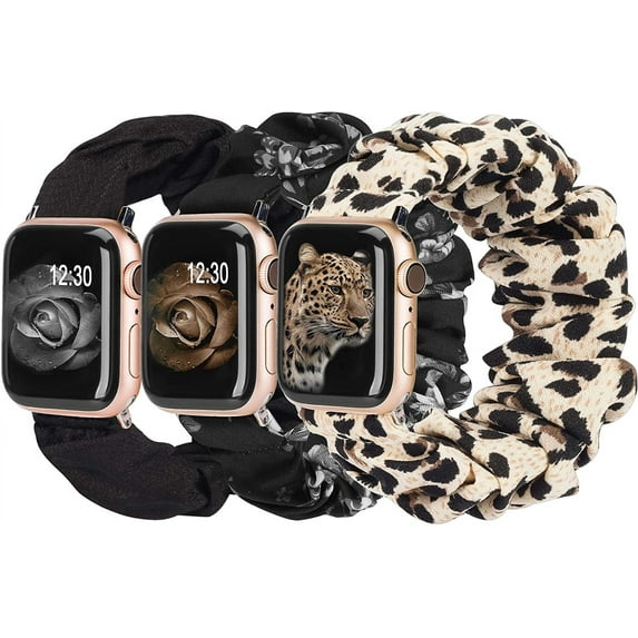 TOYOUTHS 3 Packs Apple Watch Band Scrunchies 38mm Cloth Soft Pattern Printed Fabric Wristband Women IWatch Elastic Scrunchy Bands 40mm 41mm Series SE 7 6 5 4 3 2 1, S/M